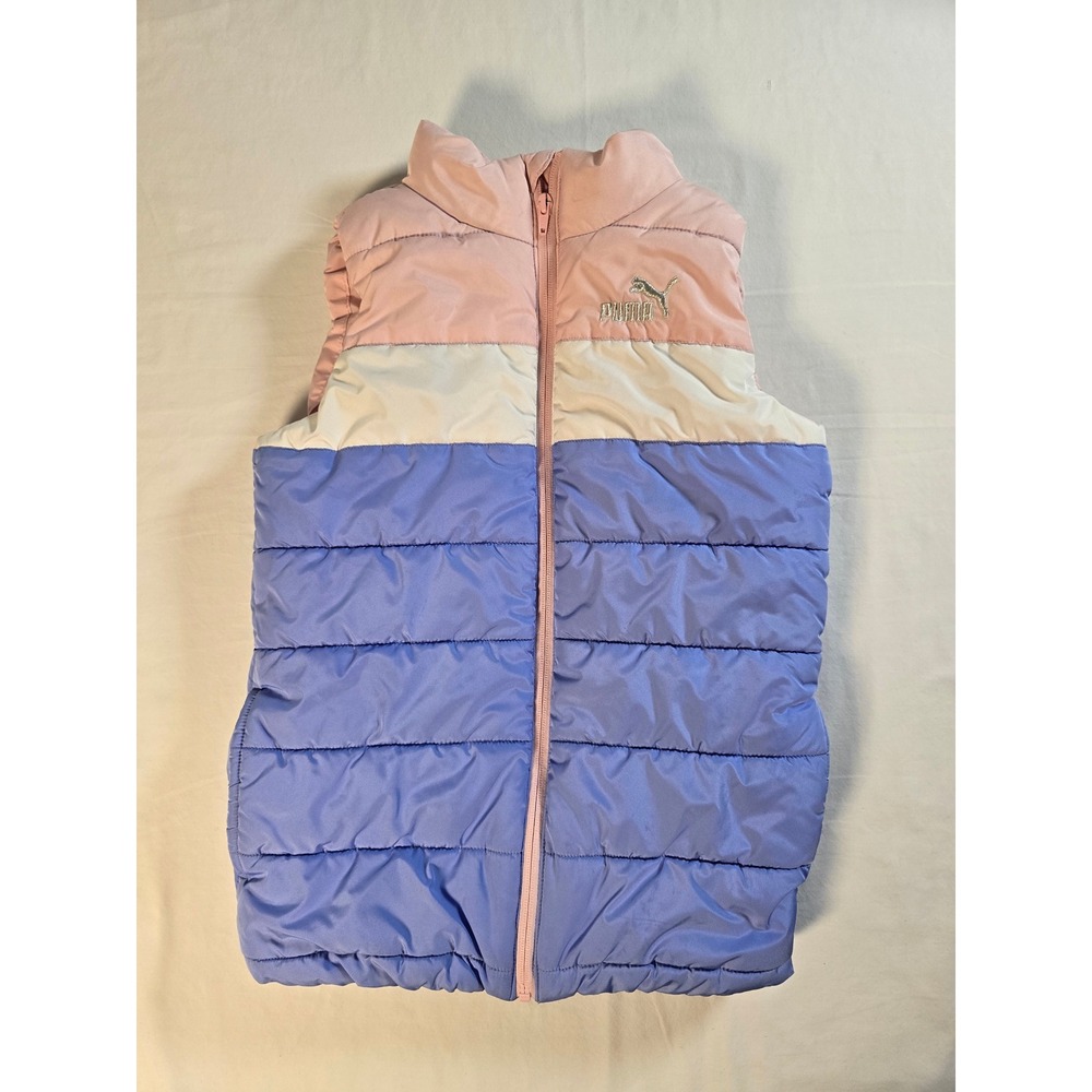 Puma Girls Puffer Vest Pink White Purple Colorblock Full Zip PFG22-04425 M 10/12